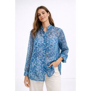 Richard Malcolm Blue Floral 100% Silk Sheer Button Down Blouse Size M